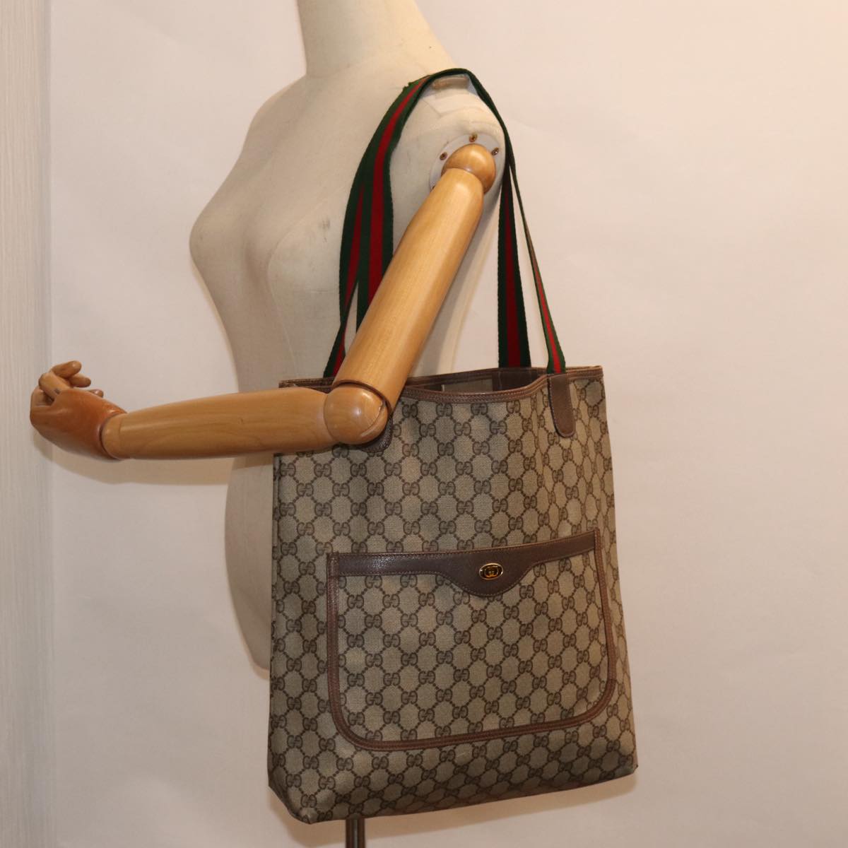 GUCCI GG Supreme Web Sherry Line Tote Bag PVC Beige Red 39 02 003 88154