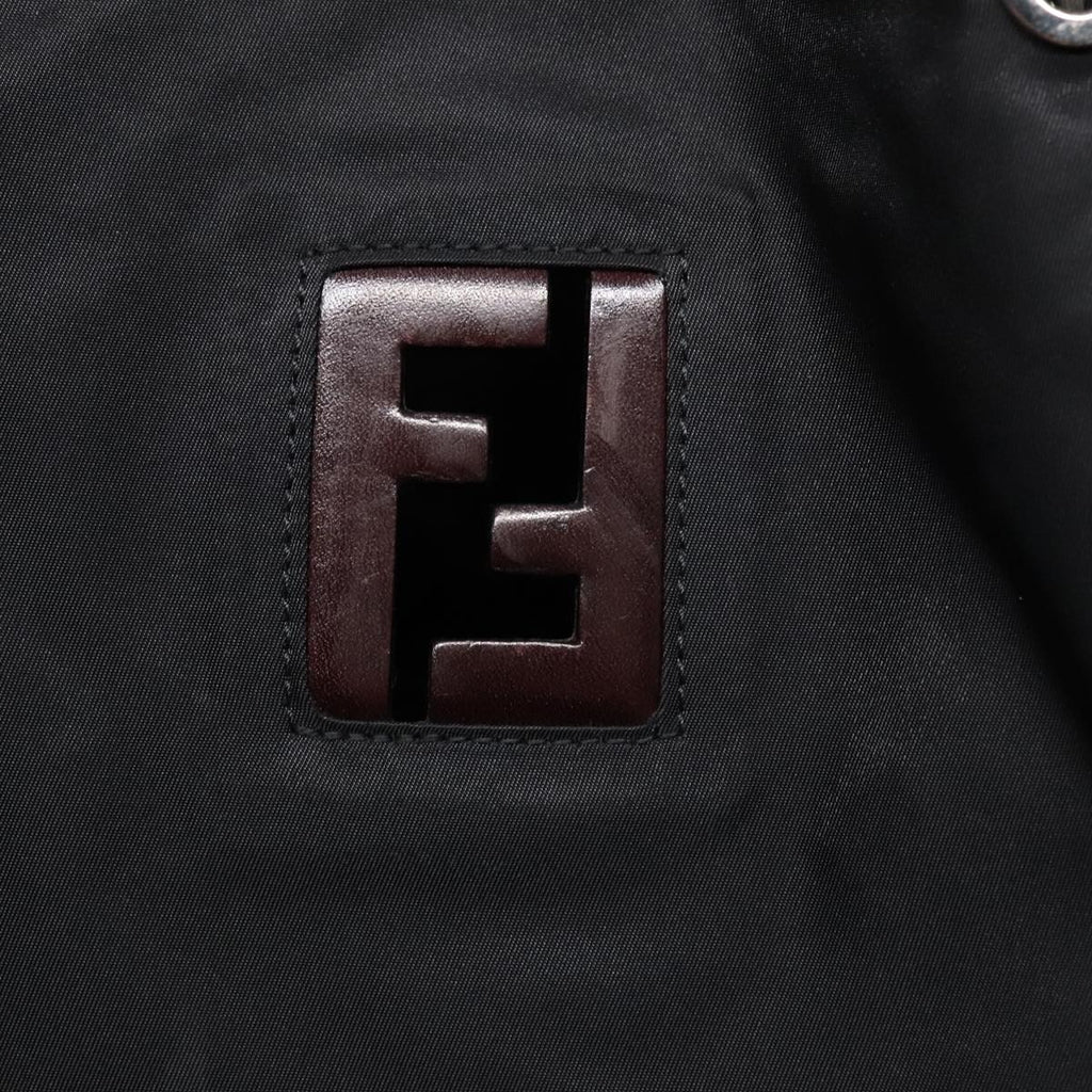 FENDI Tote Bag Nylon Leather Black Dark Brown Silver 88189