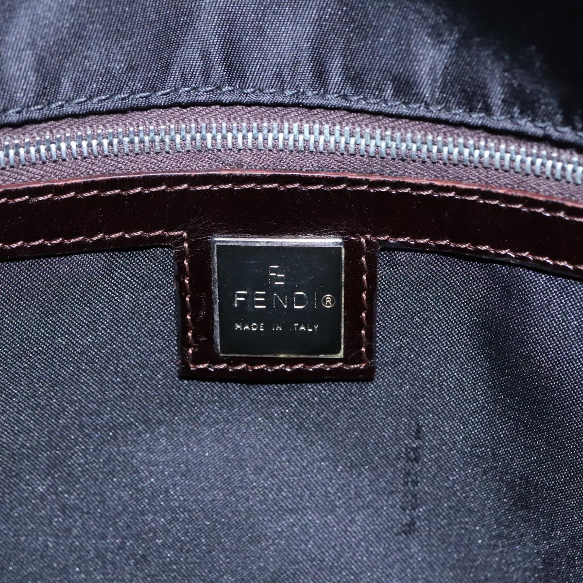 FENDI Tote Bag Nylon Leather Black Dark Brown Silver 88189