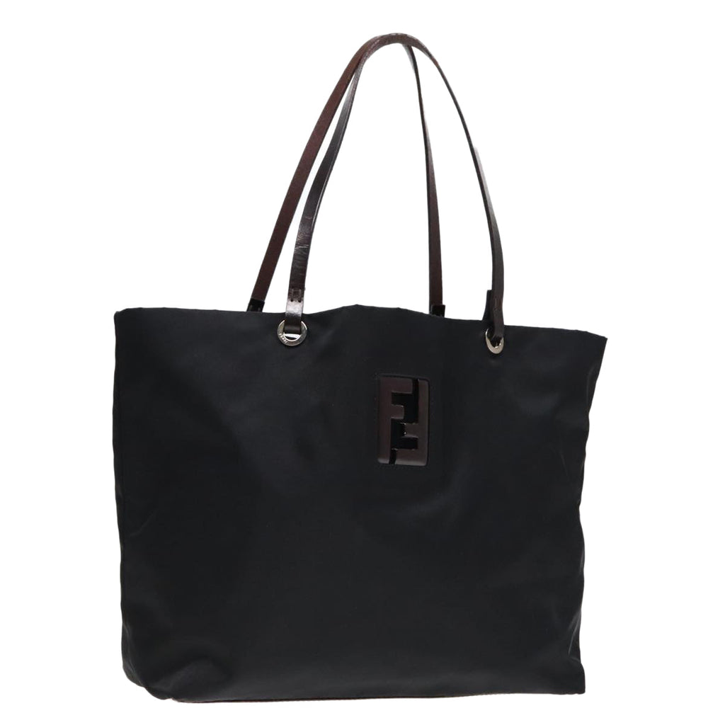 FENDI Tote Bag Nylon Leather Black Dark Brown Silver 88189