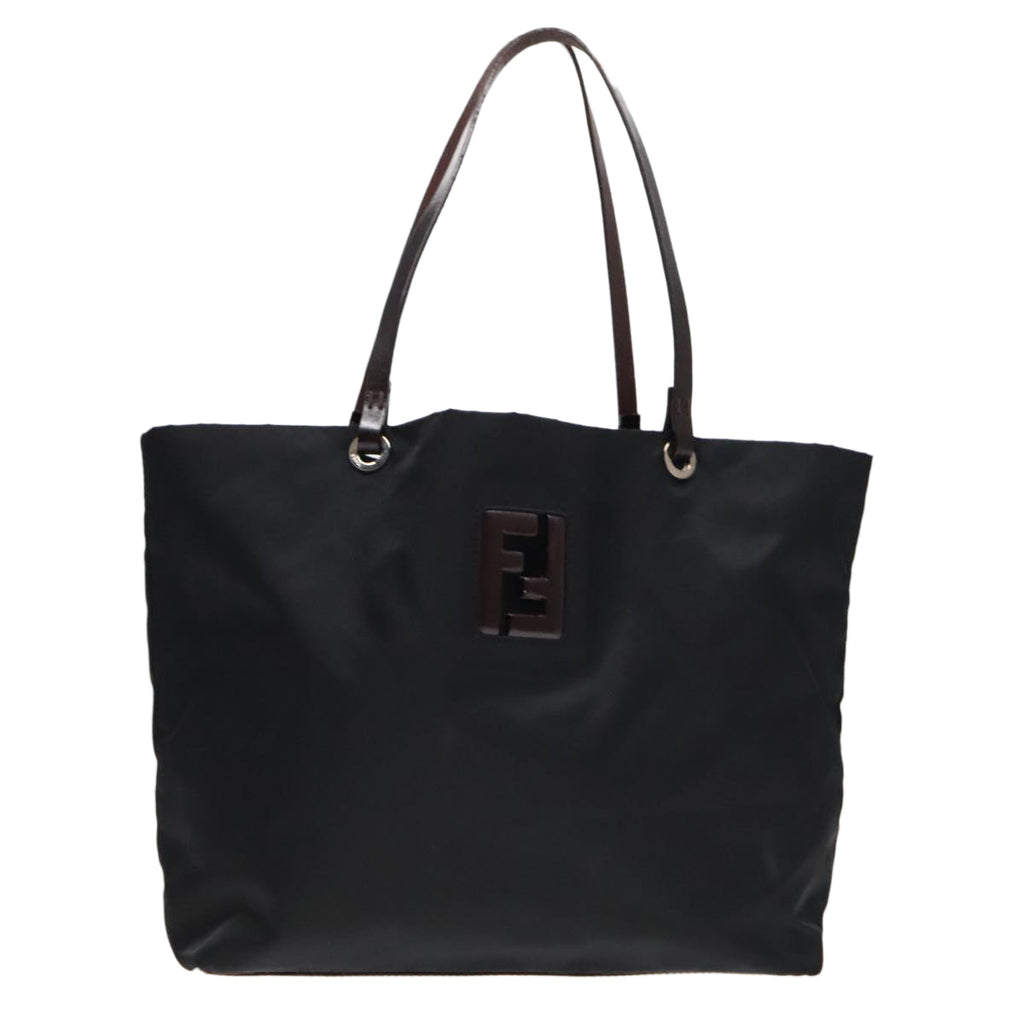 FENDI Tote Bag Nylon Leather Black Dark Brown Silver 88189