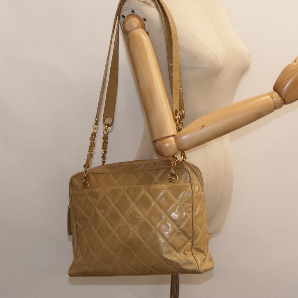 CHANEL Matelasse Chain Shoulder Bag Enamel Beige Silver CC 88244