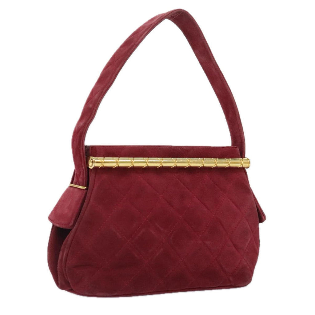 CHANEL Matelasse Hand Bag Suede Red Gold CC 88279