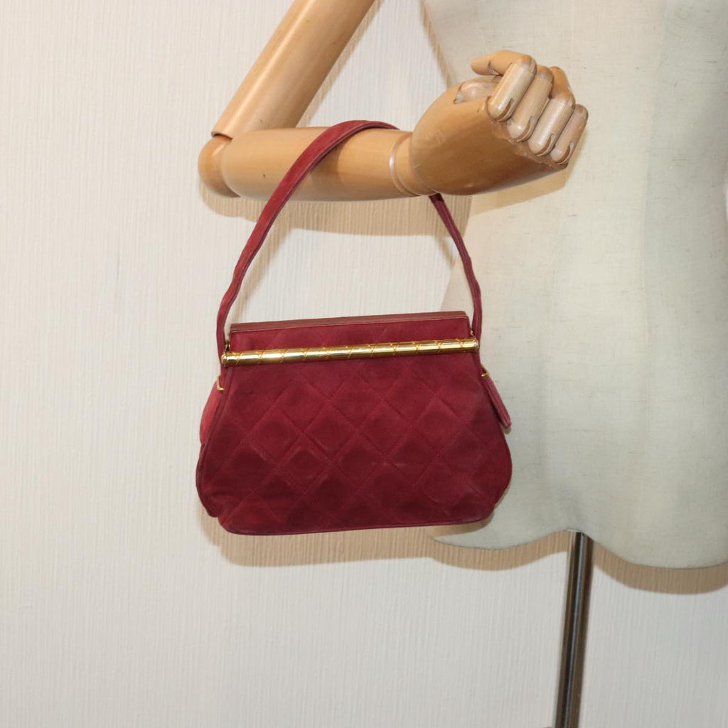 CHANEL Matelasse Hand Bag Suede Red Gold CC 88279