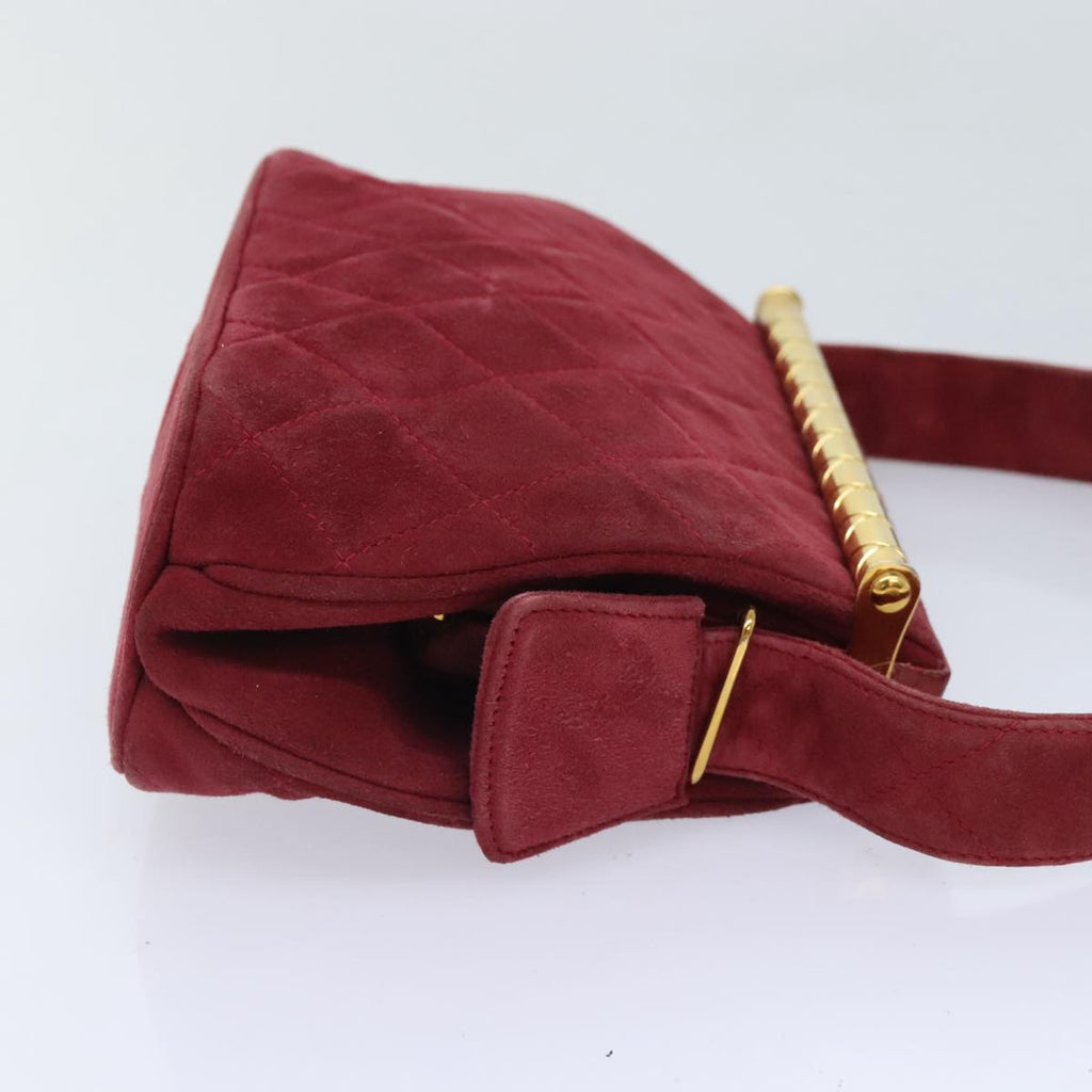 CHANEL Matelasse Hand Bag Suede Red Gold CC 88279