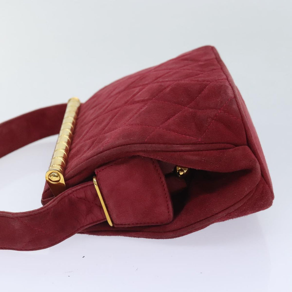 CHANEL Matelasse Hand Bag Suede Red Gold CC 88279