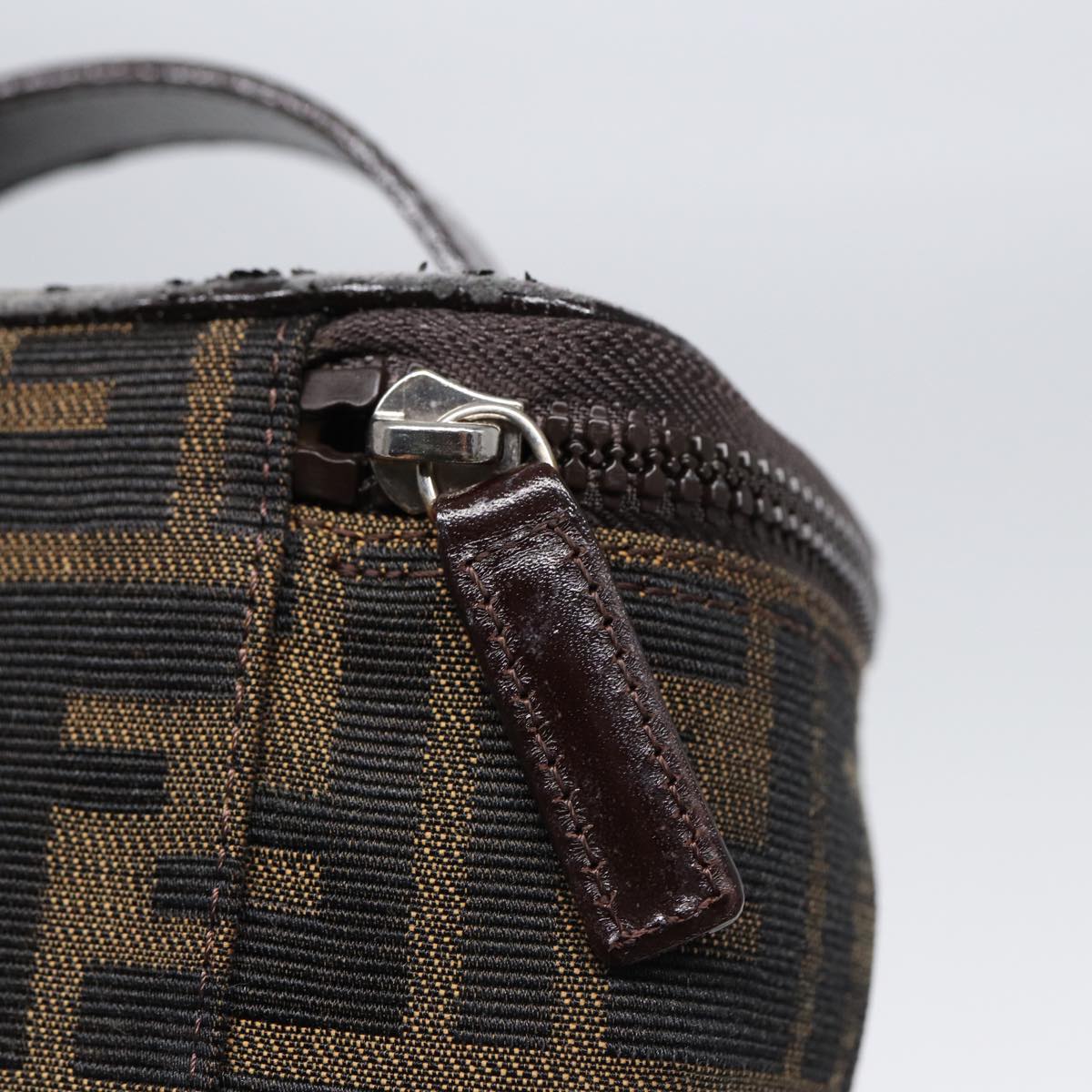 FENDI Zucca Canvas Vanity Hand Bag Brown Black Silver 88313