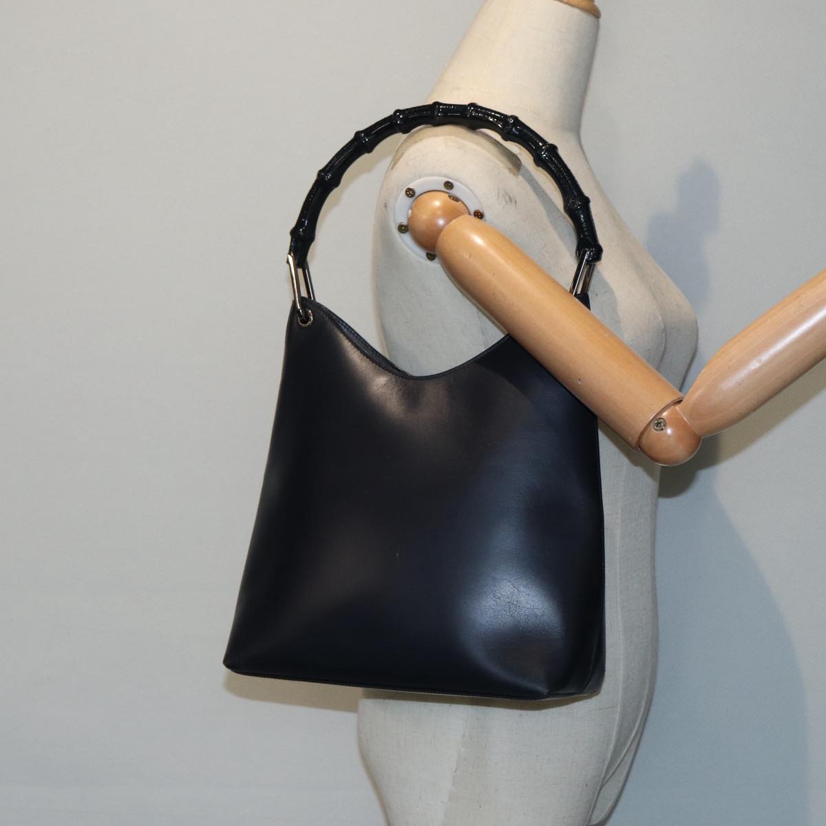 GUCCI Bamboo Shoulder Bag Leather Outlet Navy Silver 88399