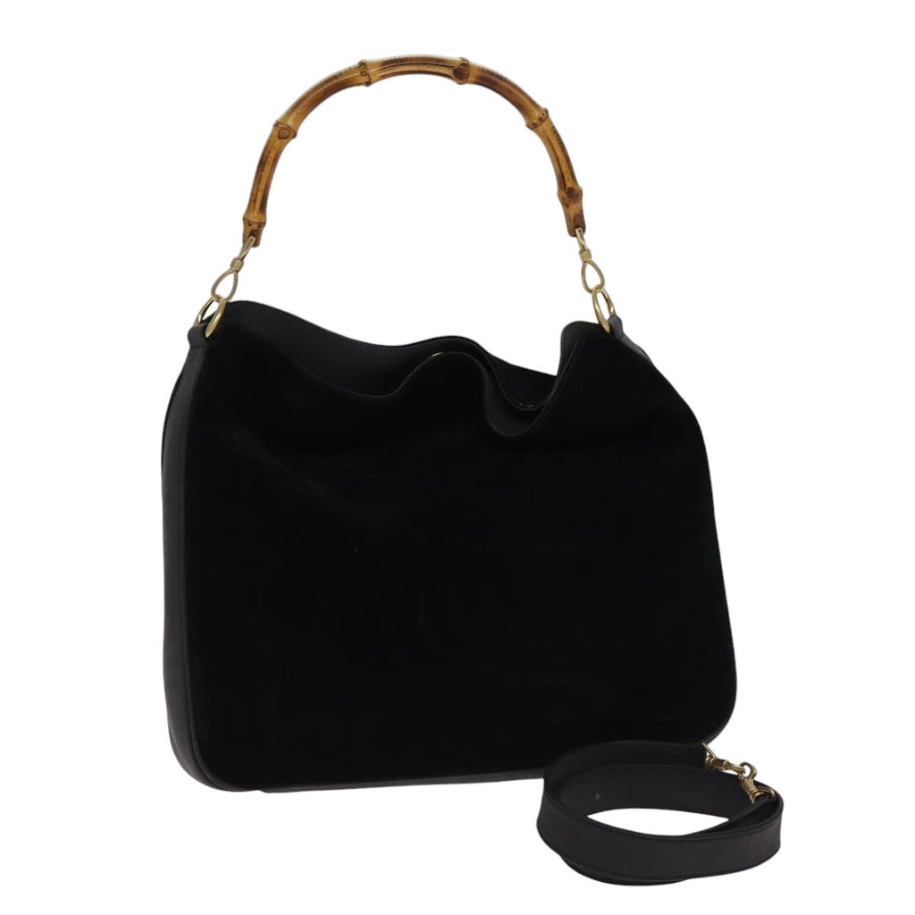 GUCCI Bamboo Hand Bag Suede 2way Black Gold 001 1014 1577 0 88406