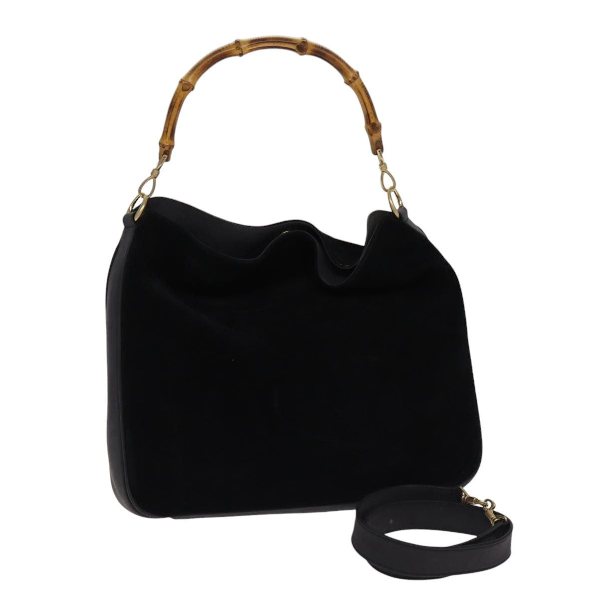 GUCCI Bamboo Hand Bag Suede 2way Black Gold 001 1014 1577 0 88406