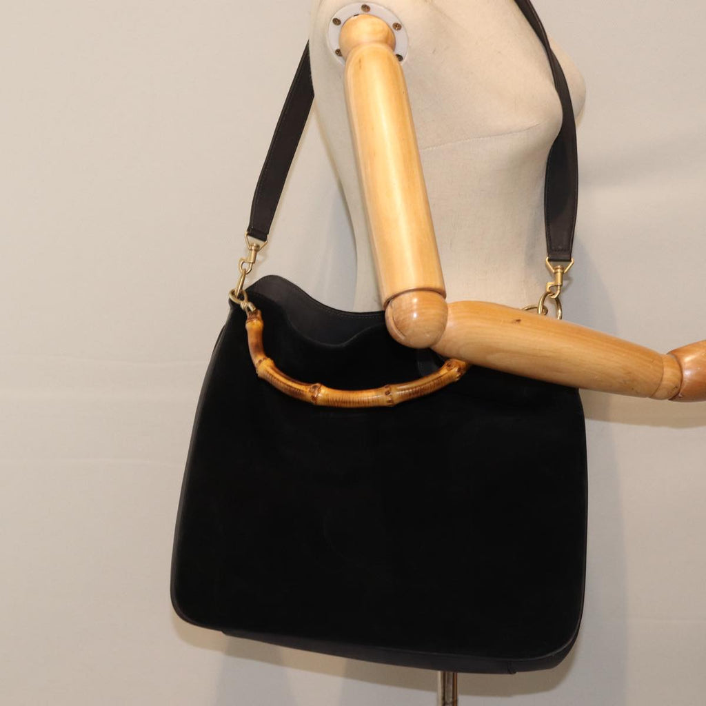 GUCCI Bamboo Hand Bag Suede 2way Black Gold 001 1014 1577 0 88406