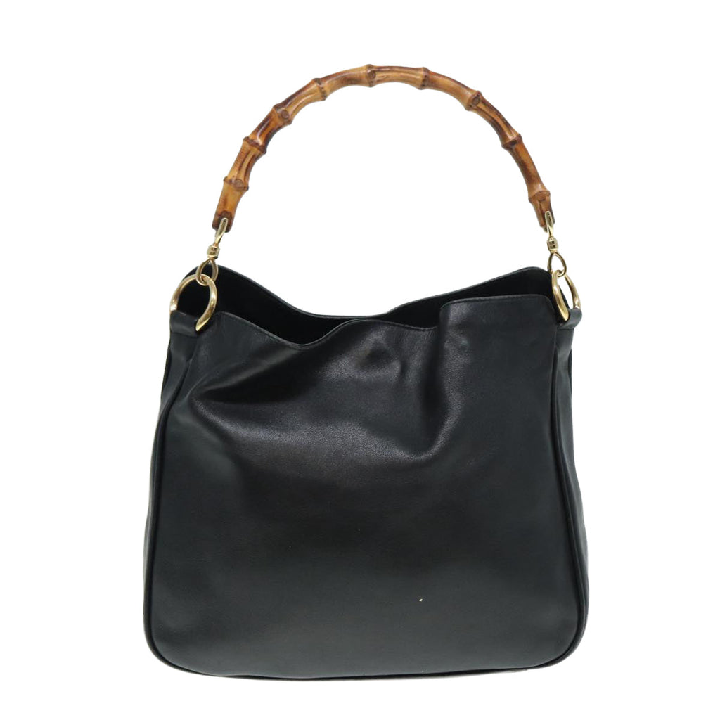 GUCCI Bamboo Hand Bag Leather Black Gold 88409