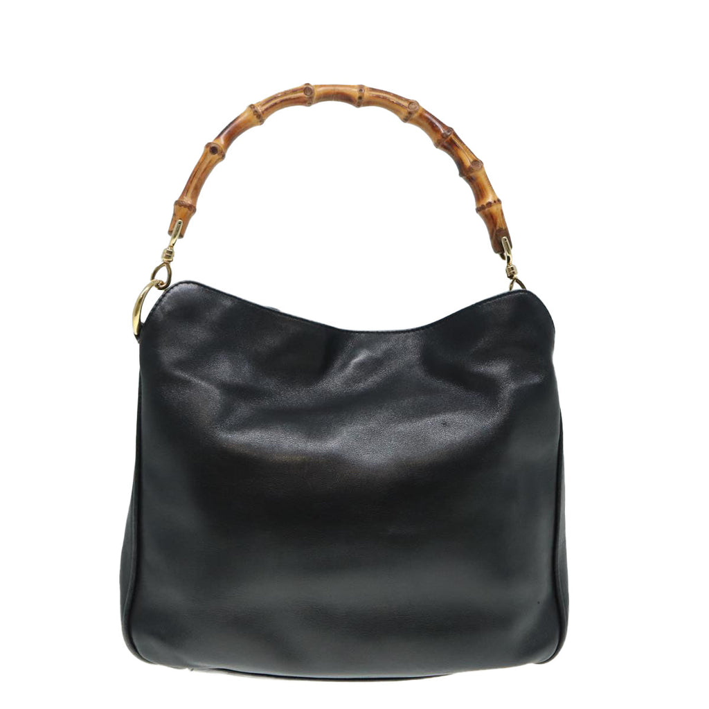 GUCCI Bamboo Hand Bag Leather Black Gold 88409
