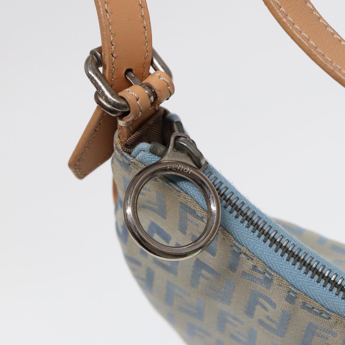FENDI Zucchino Canvas Shoulder Bag Light Blue Silver 88411