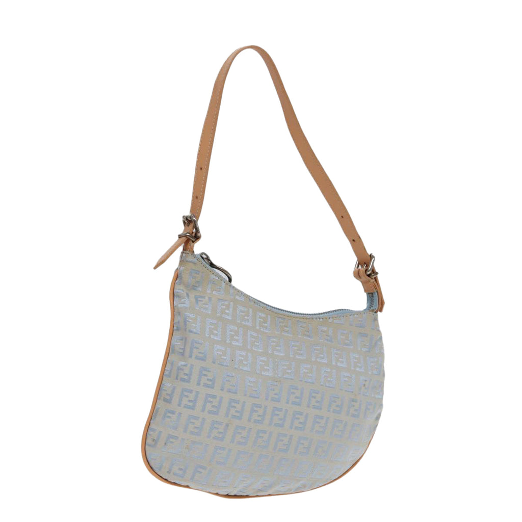 FENDI Zucchino Canvas Shoulder Bag Light Blue Silver 88411