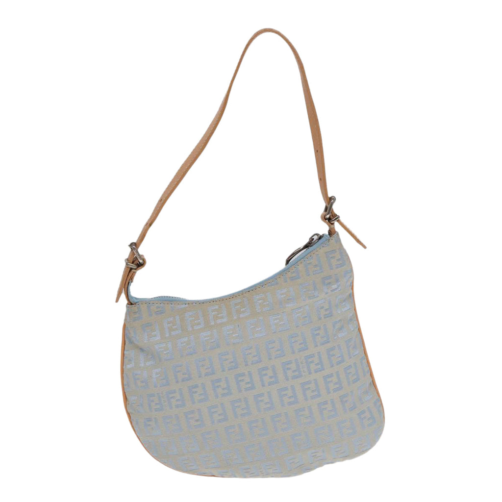 FENDI Zucchino Canvas Shoulder Bag Light Blue Silver 88411