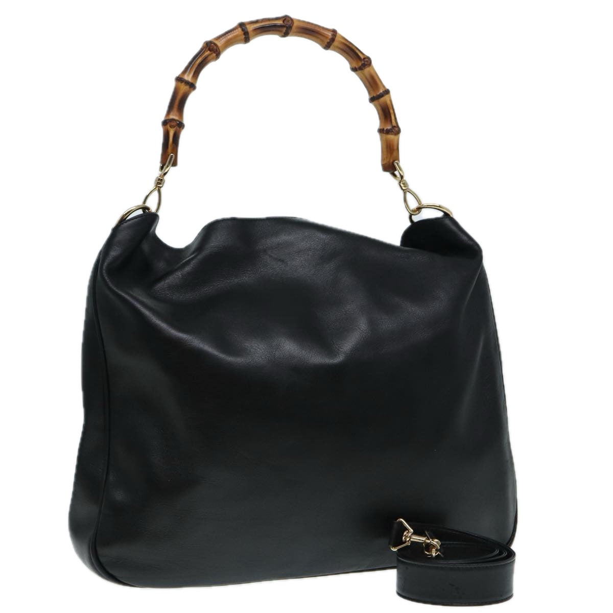 GUCCI Bamboo Hand Bag Leather 2way Black Gold 001 2058 1577 0 88416