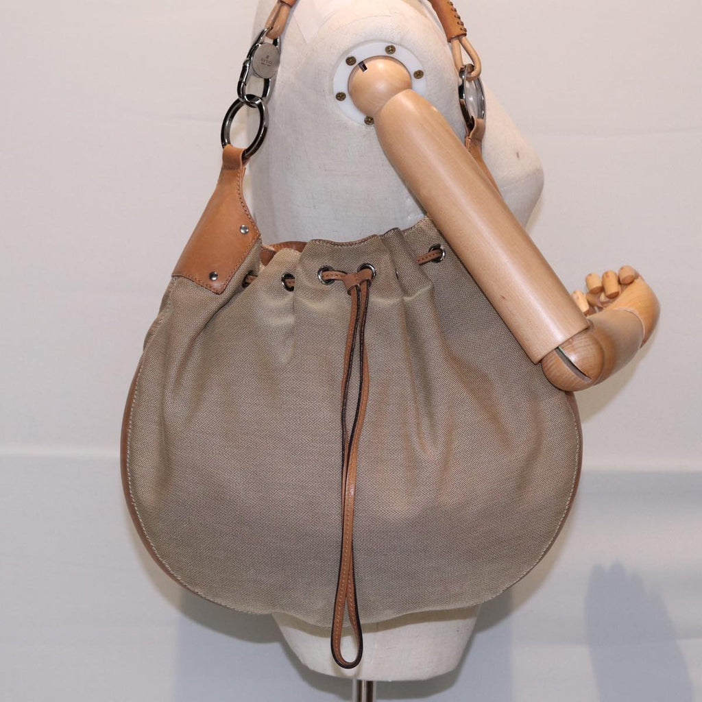 GUCCI Shoulder Bag Canvas Leather Beige Brown Silver 109210 88498