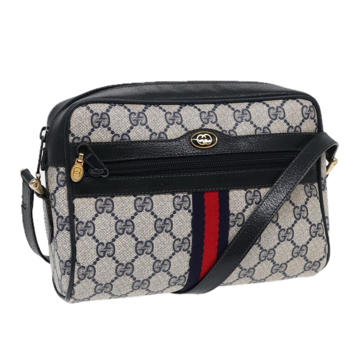 GUCCI GG Supreme Sherry Line Shoulder Bag PVC Navy Gold 378 02 004 88527