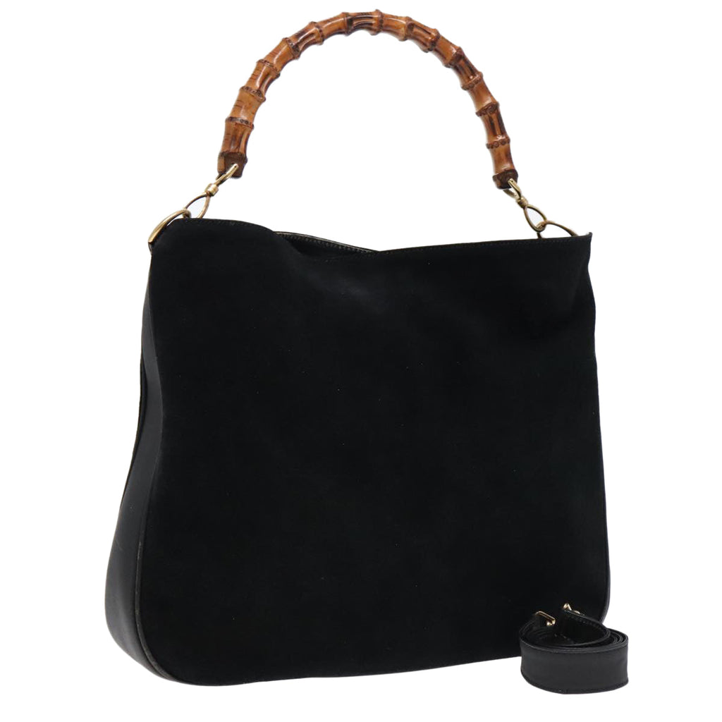 GUCCI Bamboo Shoulder Bag Suede Leather Black Gold 001 1781 1577 88534