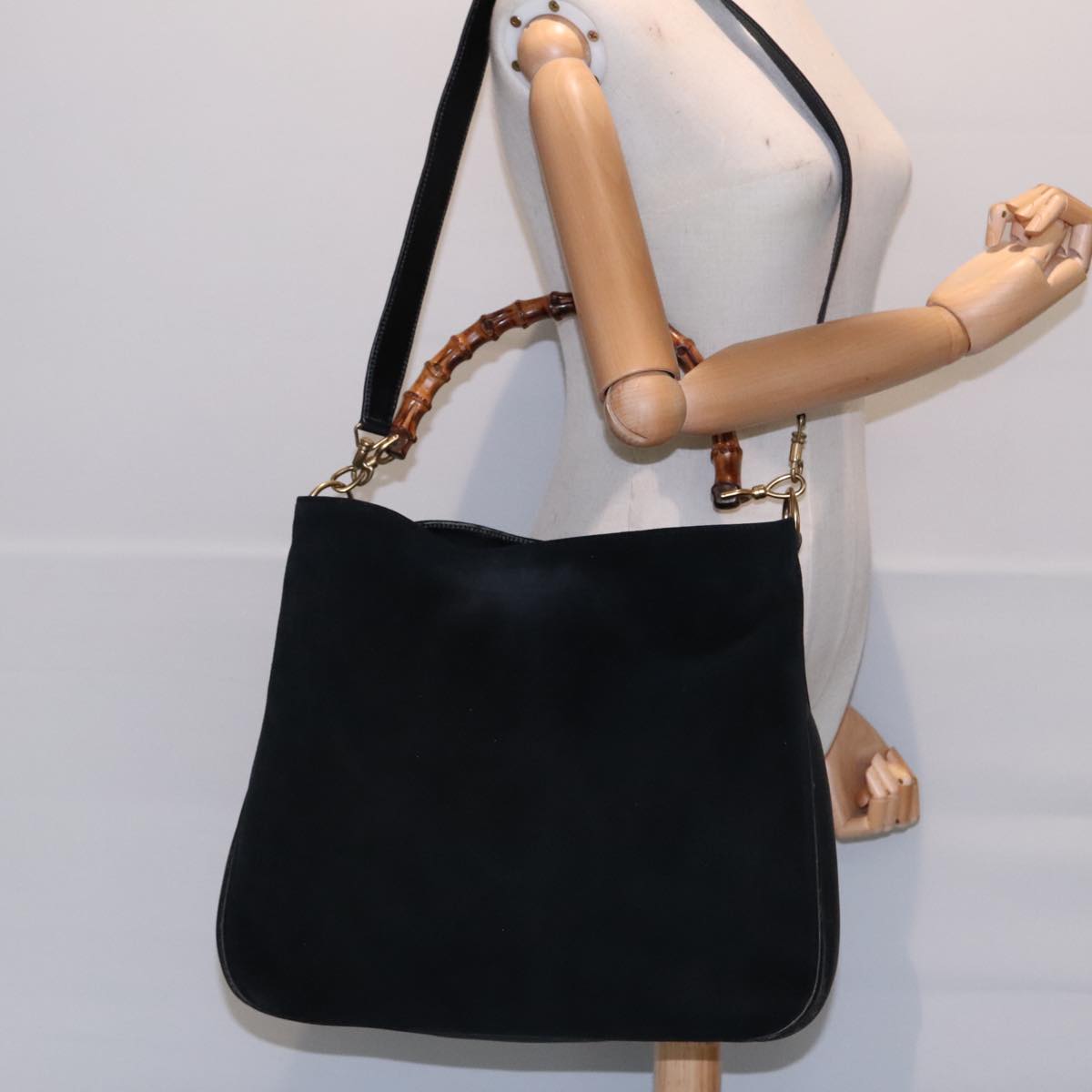 GUCCI Bamboo Shoulder Bag Suede Leather Black Gold 001 1781 1577 88534