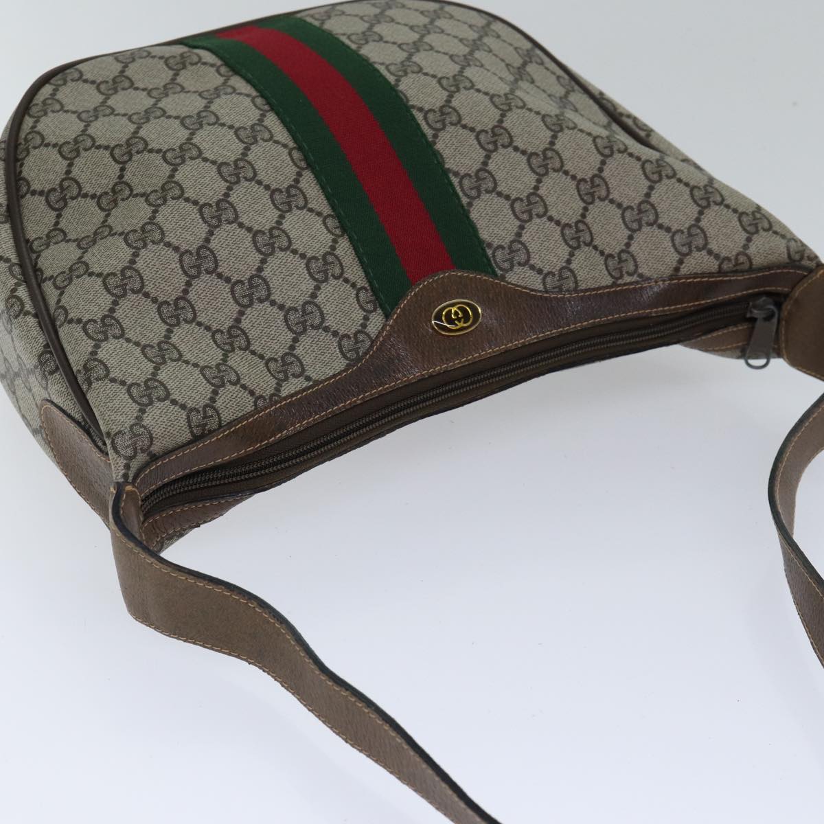 GUCCI GG Supreme Web Sherry Line Shoulder Bag PVC Leather Beige Gold 88635