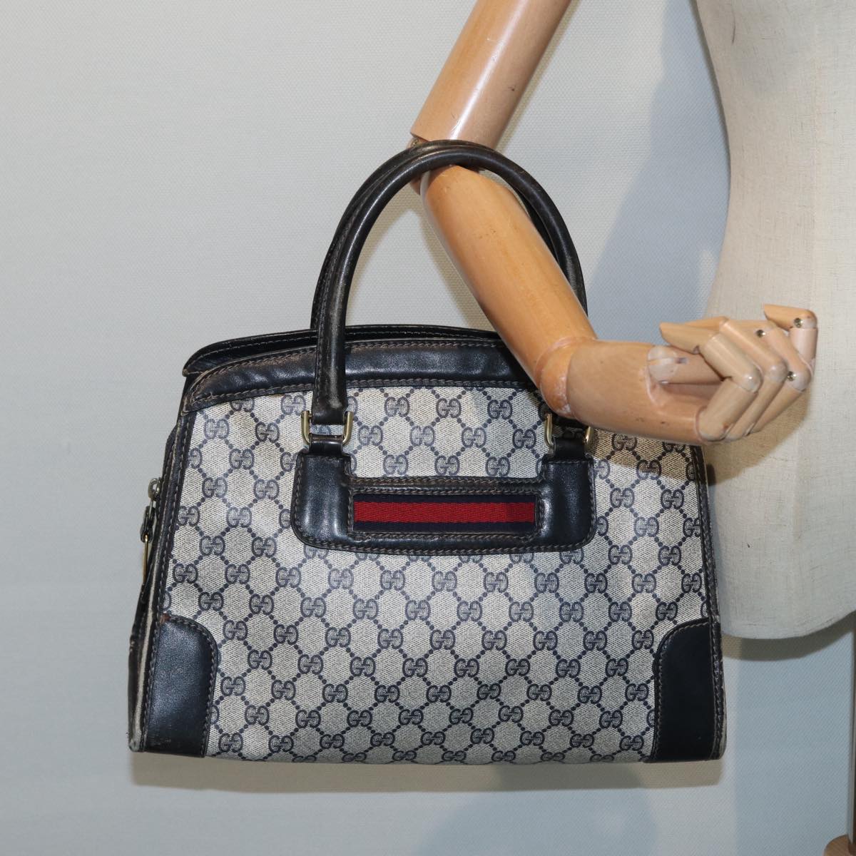 GUCCI GG Supreme Sherry Line Hand Bag PVC Leather Navy Gold 88649
