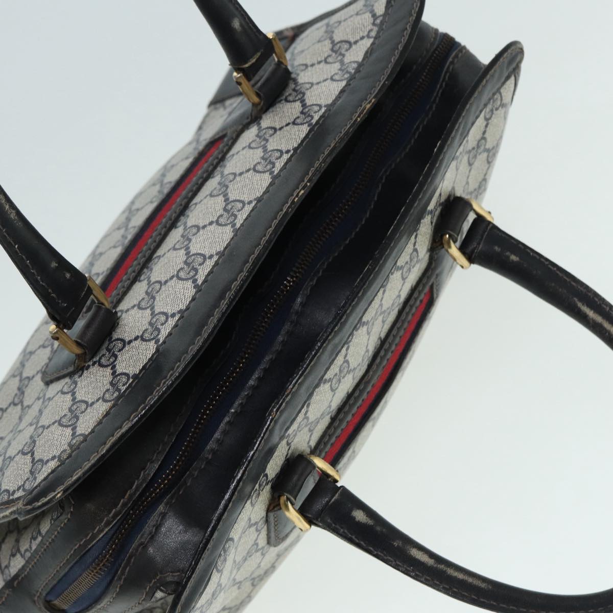 GUCCI GG Supreme Sherry Line Hand Bag PVC Leather Navy Gold 88649