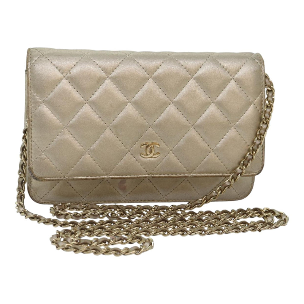 CHANEL Matelasse Chain Shoulder Bag Lamb Skin Gold Tone Gold CC 88657