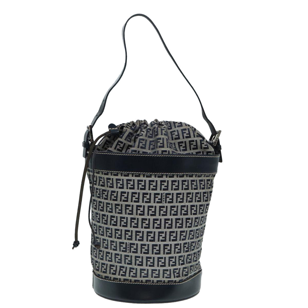 FENDI Zucchino Canvas Shoulder Bag Navy Silver 88663