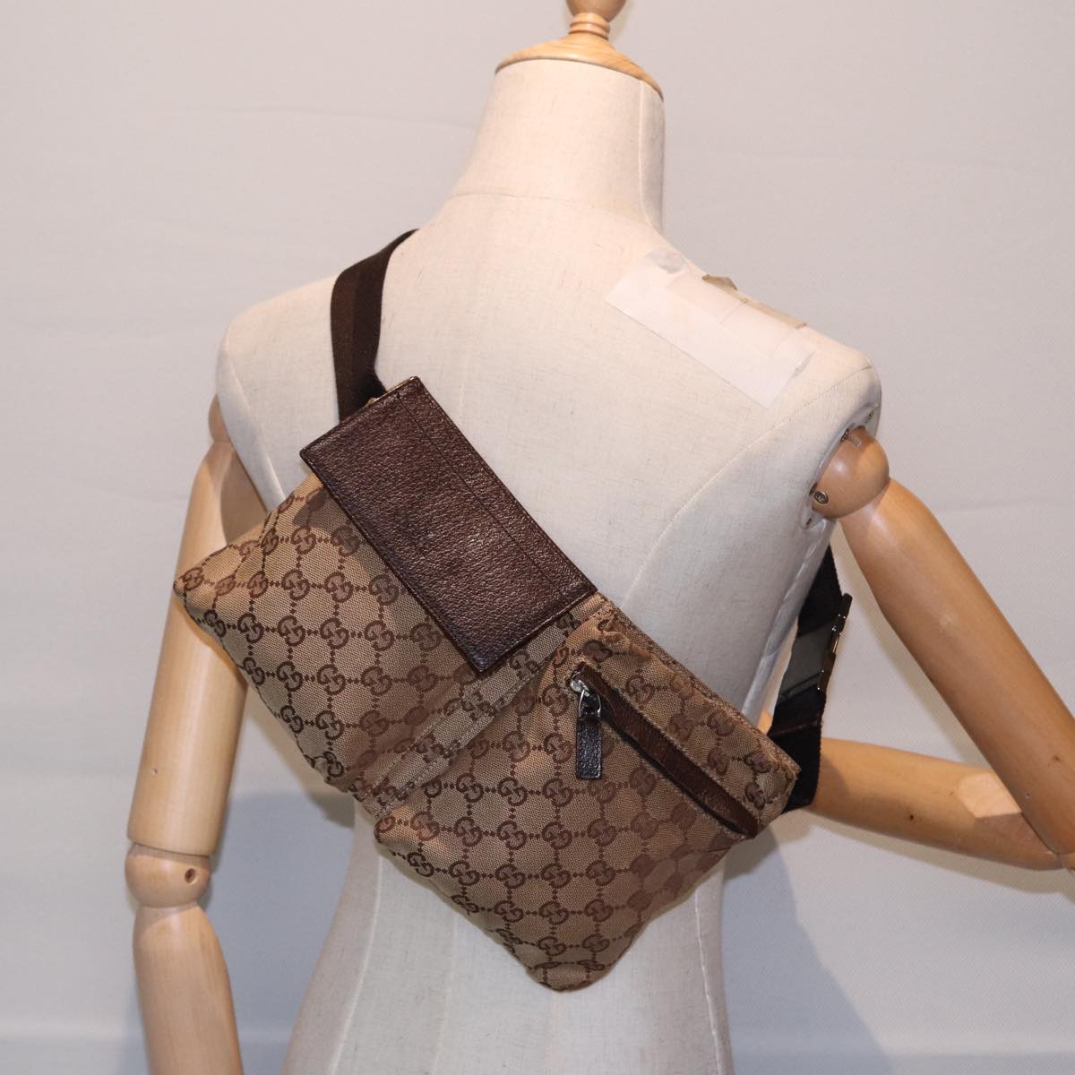 GUCCI GG Canvas Waist bag Beige Brown Silver 28566 88696