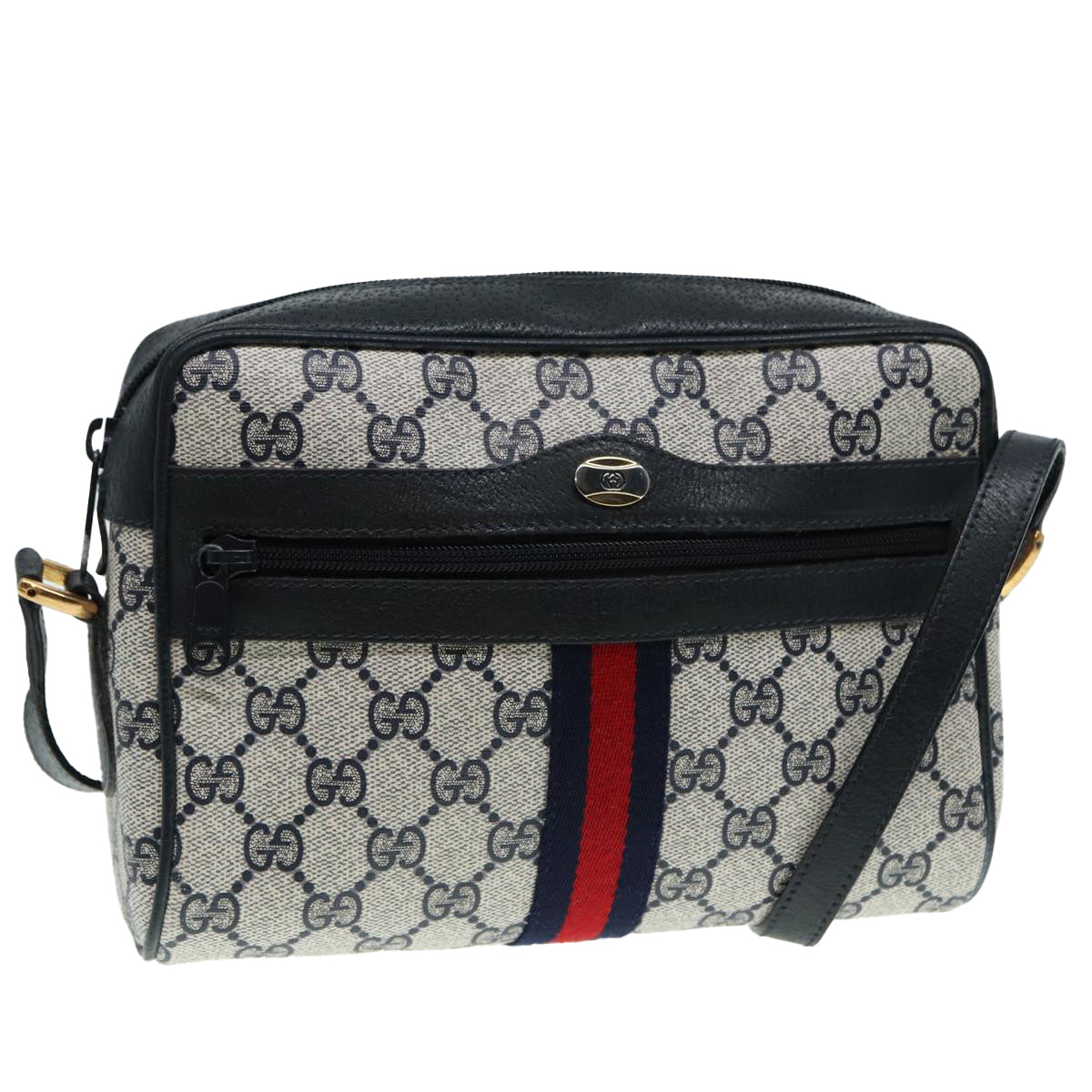 GUCCI GG Supreme Sherry Line Shoulder Bag PVC Navy Gold Red 98 02 004 88732