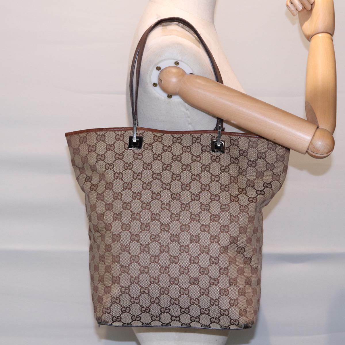 GUCCI GG Canvas Tote Bag Beige Silver 31243 88782