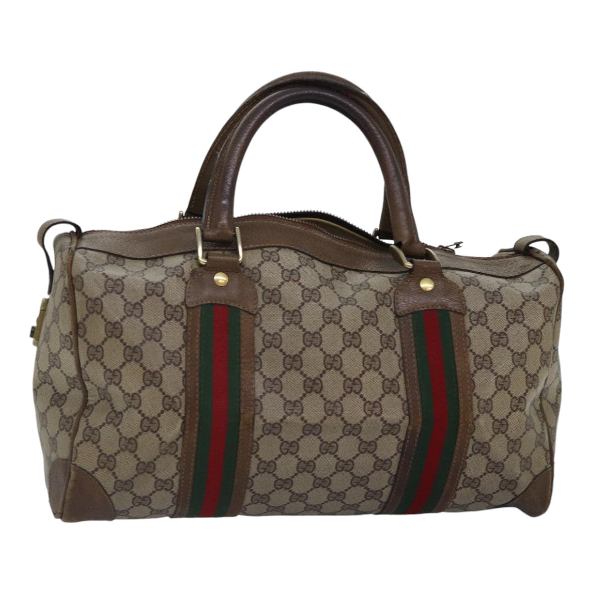 GUCCI GG Supreme Web Sherry Line Boston Bag PVC Leather Beige Gold 88810