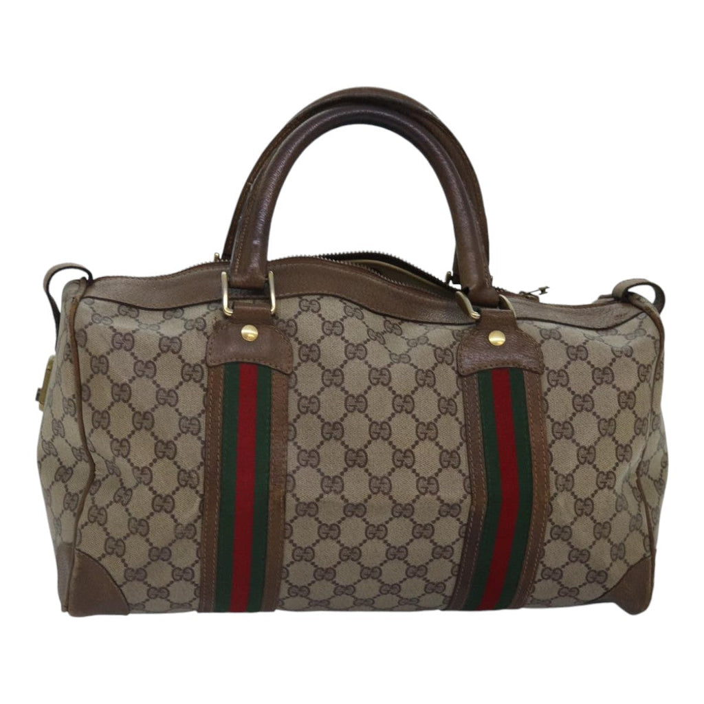GUCCI GG Supreme Web Sherry Line Boston Bag PVC Leather Beige Gold 88810