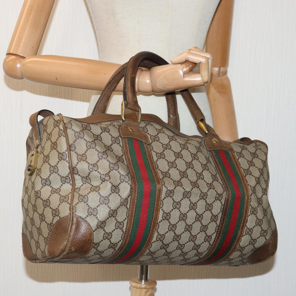GUCCI GG Supreme Web Sherry Line Boston Bag PVC Leather Beige Gold 88810