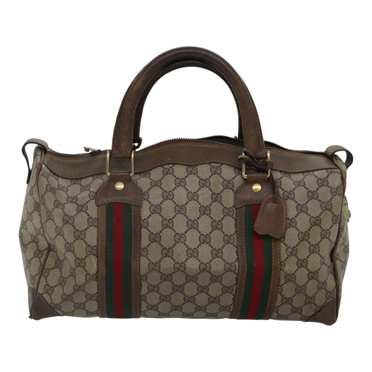 GUCCI GG Supreme Web Sherry Line Boston Bag PVC Leather Beige Gold 88810