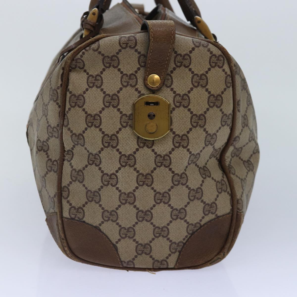GUCCI GG Supreme Web Sherry Line Boston Bag PVC Leather Beige Gold 88810
