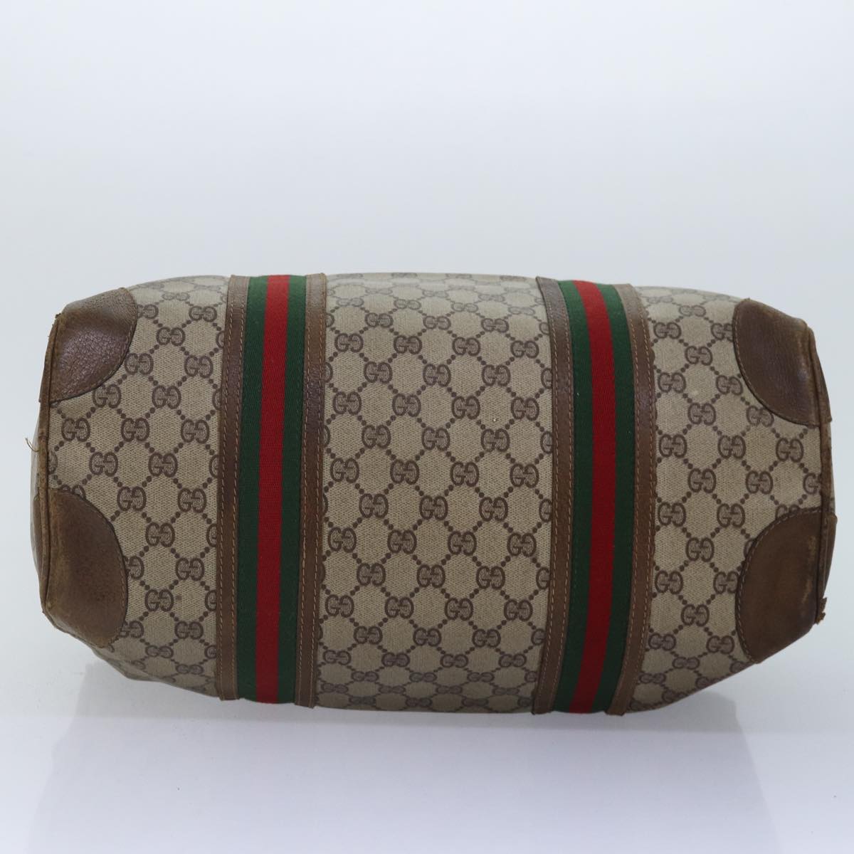 GUCCI GG Supreme Web Sherry Line Boston Bag PVC Leather Beige Gold 88810