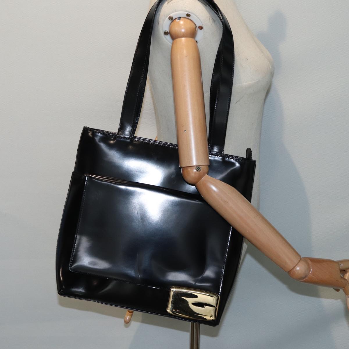 GUCCI Tote Bag Patent Leather Black Silver 002 8754 0482 88846