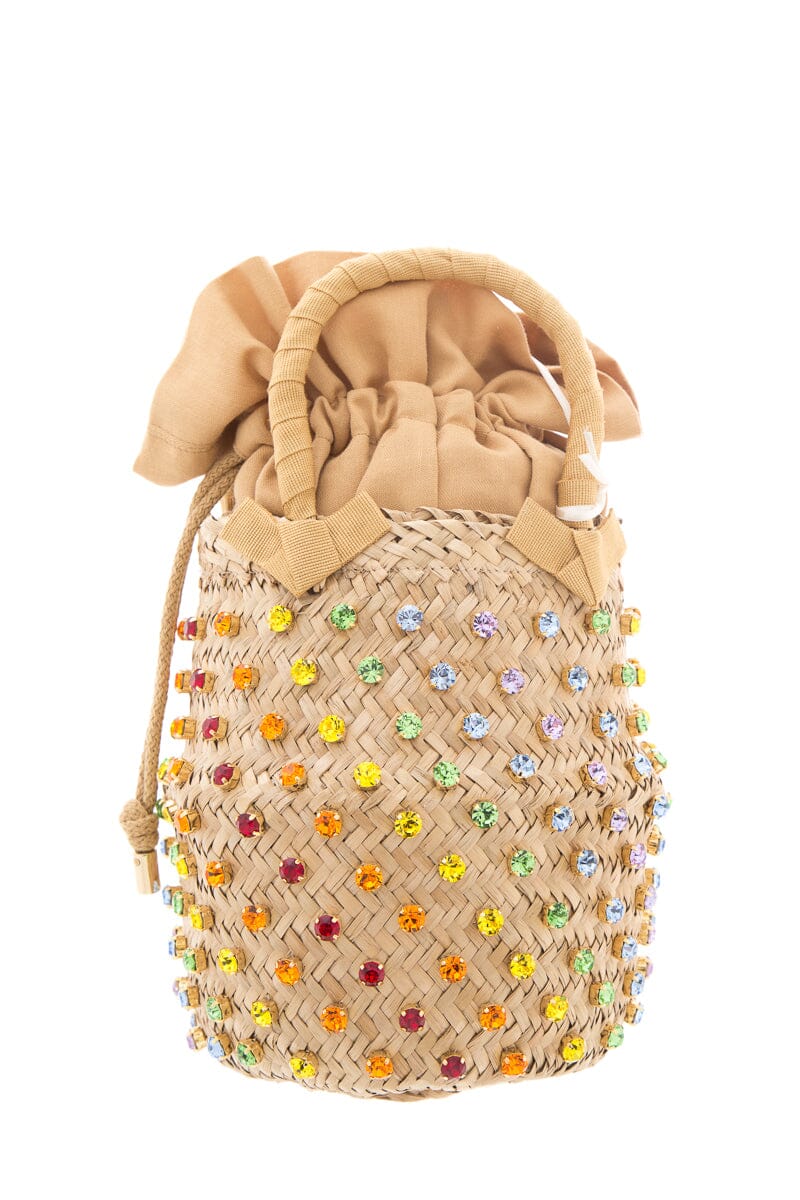 Le Nine Multicolor Embellished Raffia Bucket Bag NWT