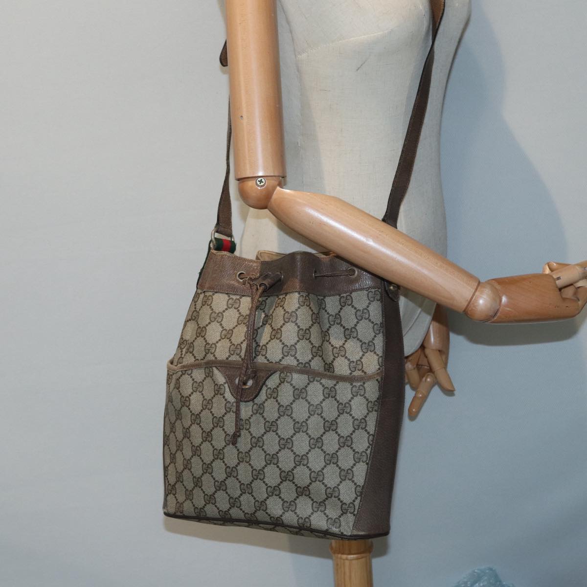 GUCCI GG Supreme Web Sherry Line Shoulder Bag PVC Beige Gold 89024