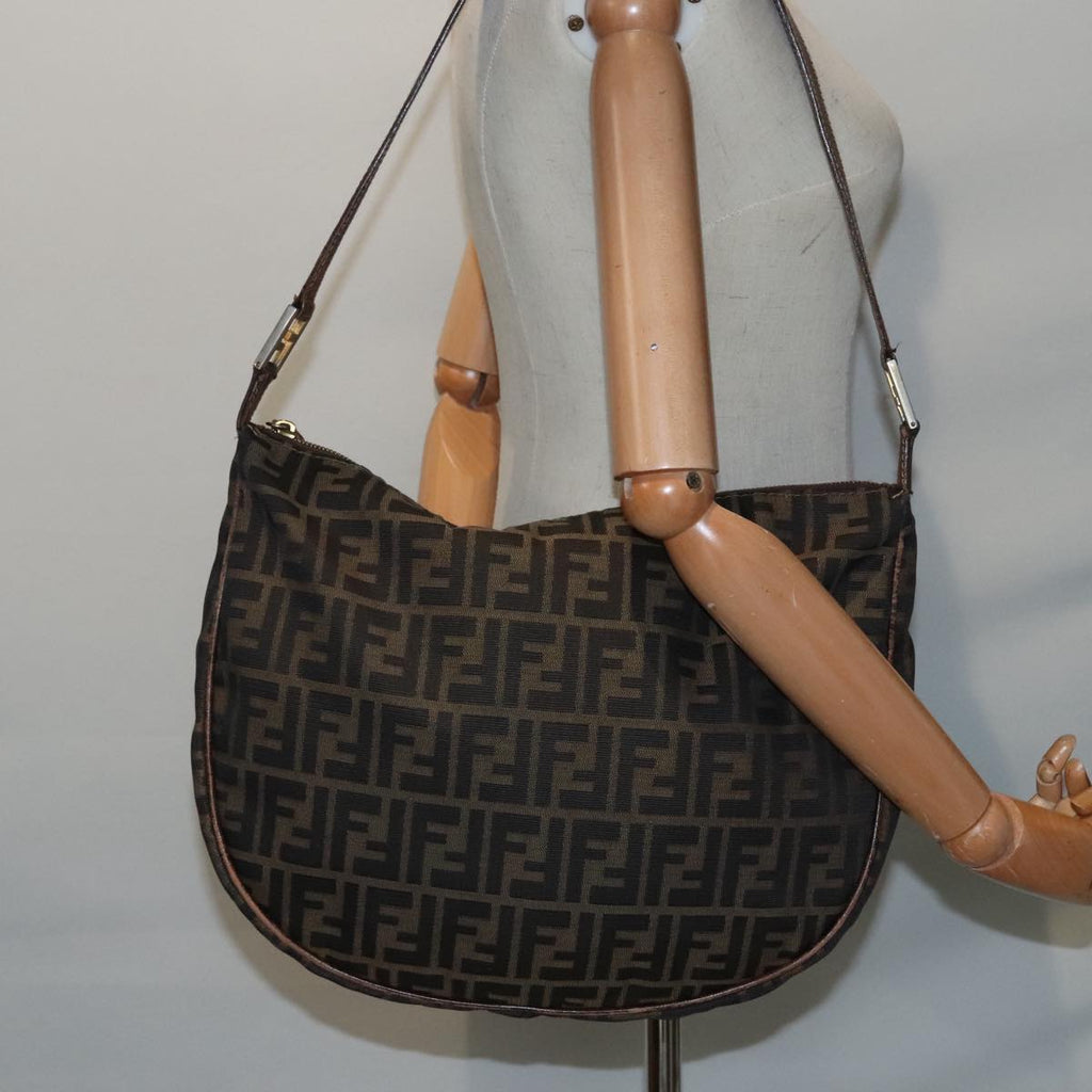 FENDI Zucca Canvas Shoulder Bag Brown Black gold 89097