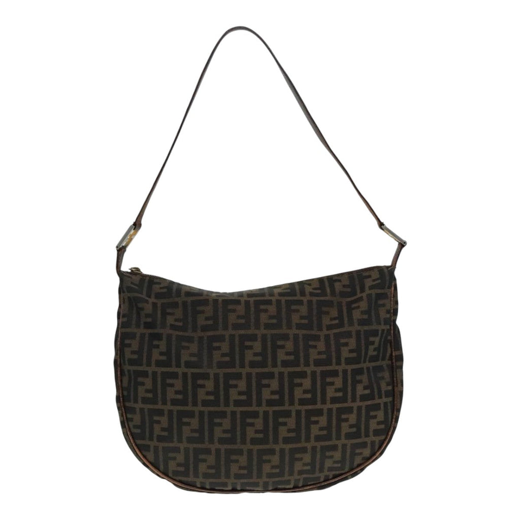 FENDI Zucca Canvas Shoulder Bag Brown Black gold 89097