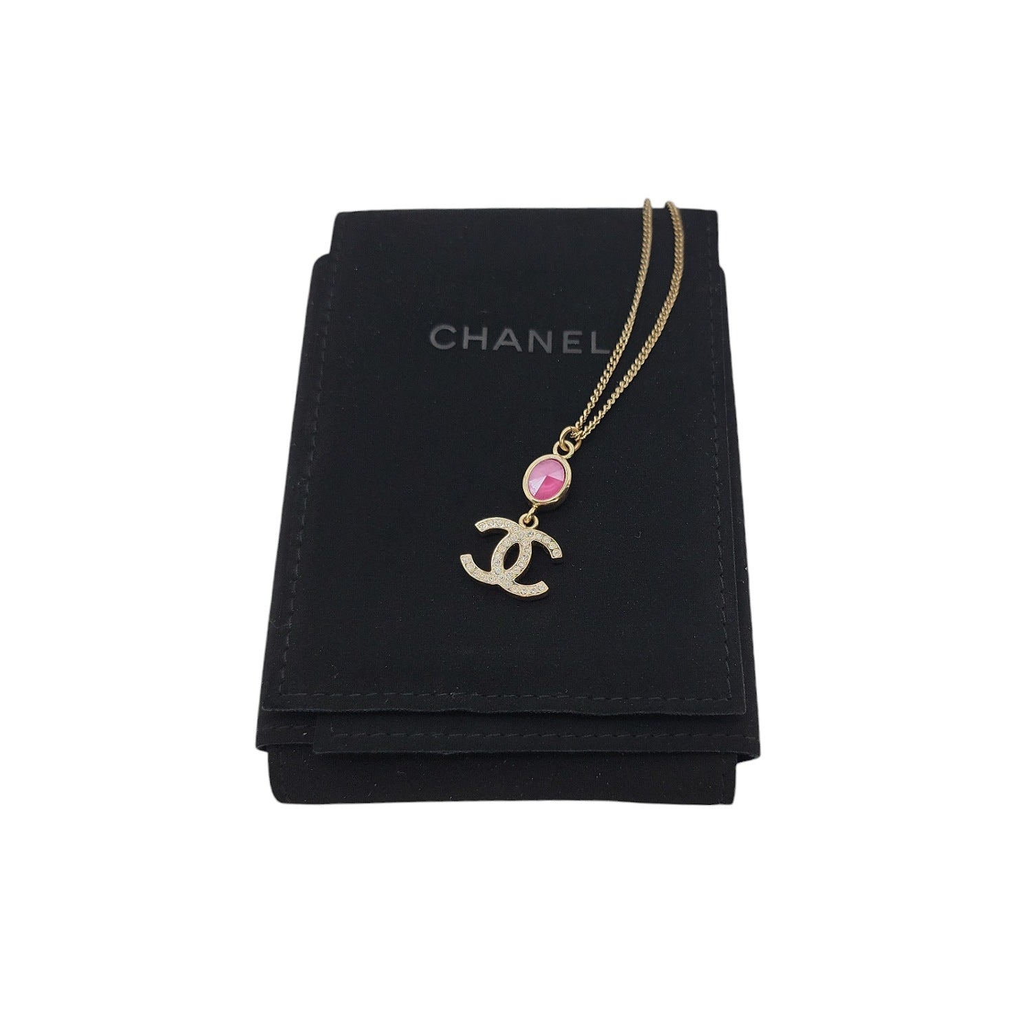 Chanel Crystal CC Drop Necklace Pink Gold