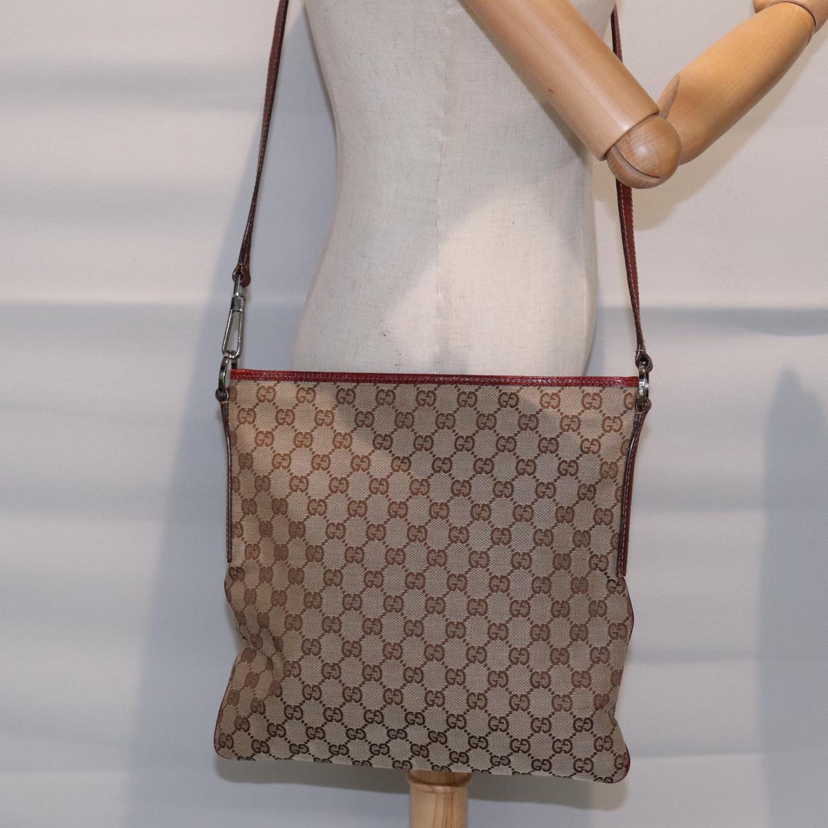 GUCCI GG Canvas Shoulder Bag Beige Silver 113013 89137