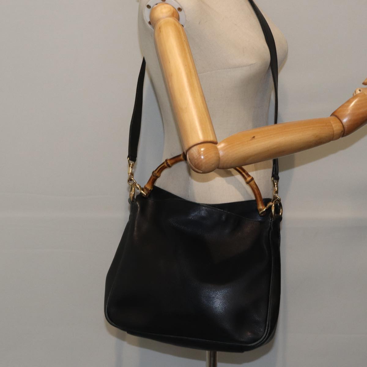 GUCCI Bamboo Shoulder Bag Leather 2way Black Gold 001 1638 2058 89140