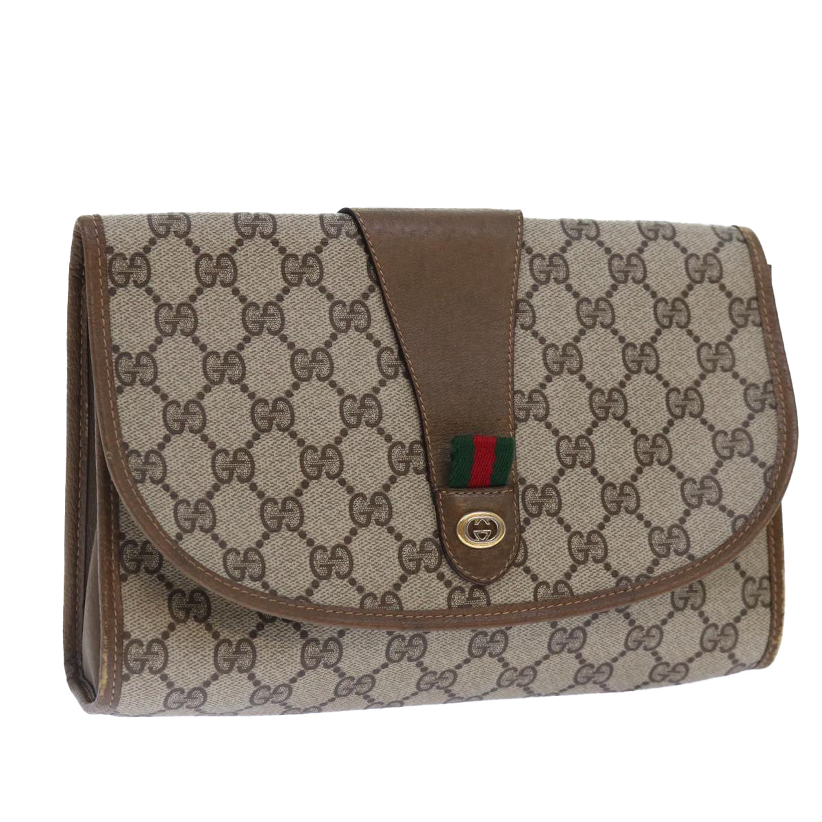 GUCCI GG Supreme Web Sherry Line Clutch Bag PVC Beige Gold 89 01 030 89230