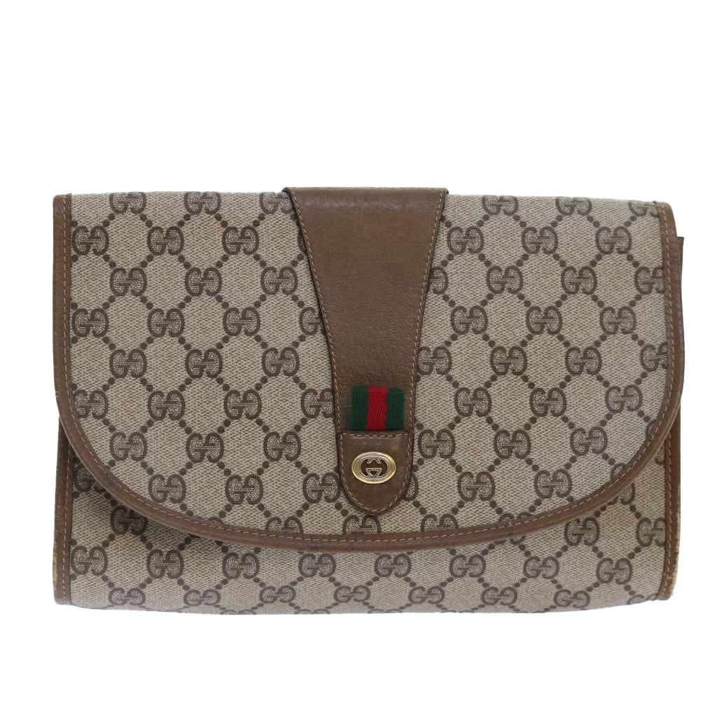 GUCCI GG Supreme Web Sherry Line Clutch Bag PVC Beige Gold 89 01 030 89230