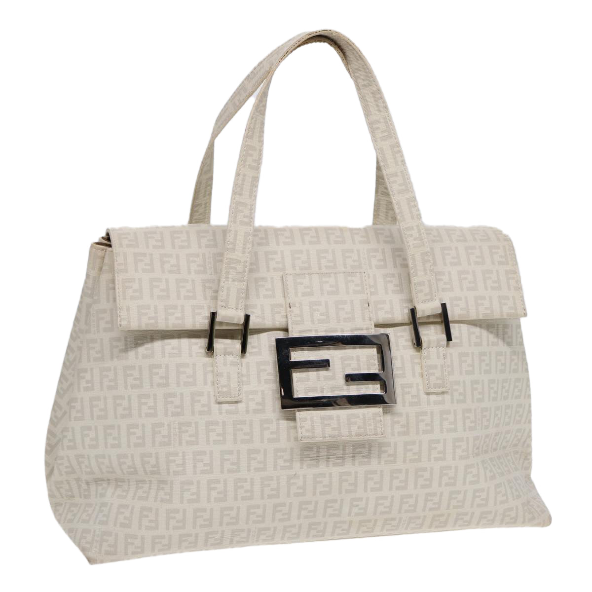 FENDI Zucchino Canvas Mamma Bucket Hand Bag White Silver 89238